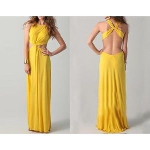 BCBG DRESS YELLOW MAXI GOWN TWIST CUTOUT LARGE